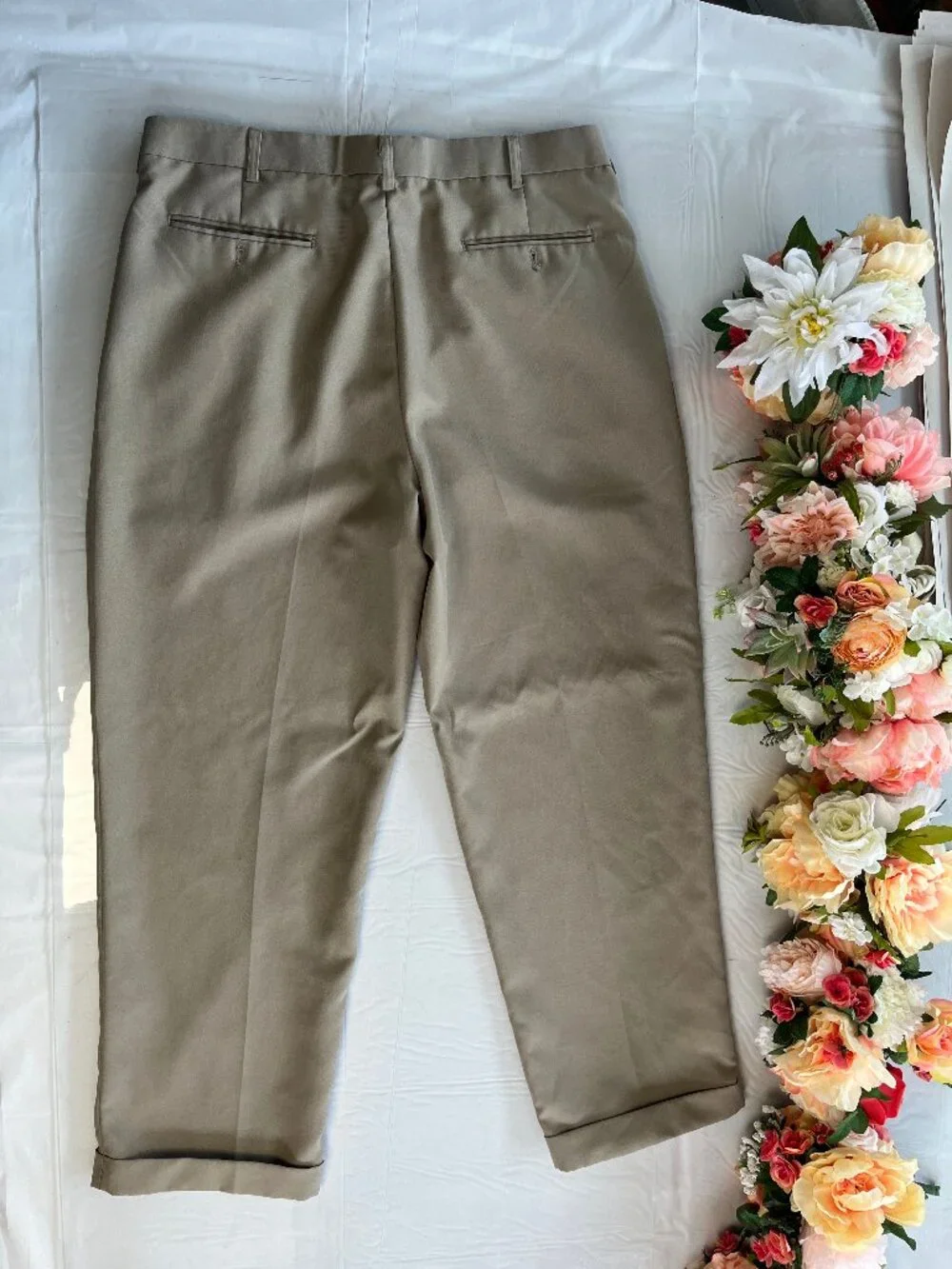 Bocaccio Uomo 100% Dacron Dress Pants Tan Flat Front Cuffed Hem Men’s 36x30
